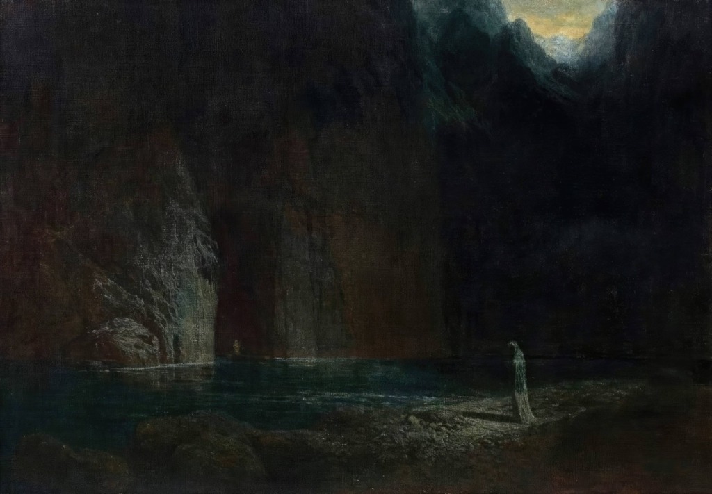 A painting of a robed figure standing on a river bank looking towards the dark shape of a small boat coming out of a dark opening in a rock face.